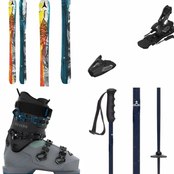 Kids Atomic Bent Chetler Mini Skis + Colt 7 GW Ski Bindings + K2 Reverb Ski Boots + evo Lil Send'r Adjustable Ski Poles + evo Sessel Helmet + Goggle Combo - Kids'