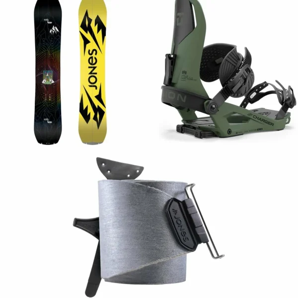 Jones Mountain Twin Splitboard + Union Charger Splitboard Bindings + Nomad Universal Tail Clip Splitboard Skins 2025