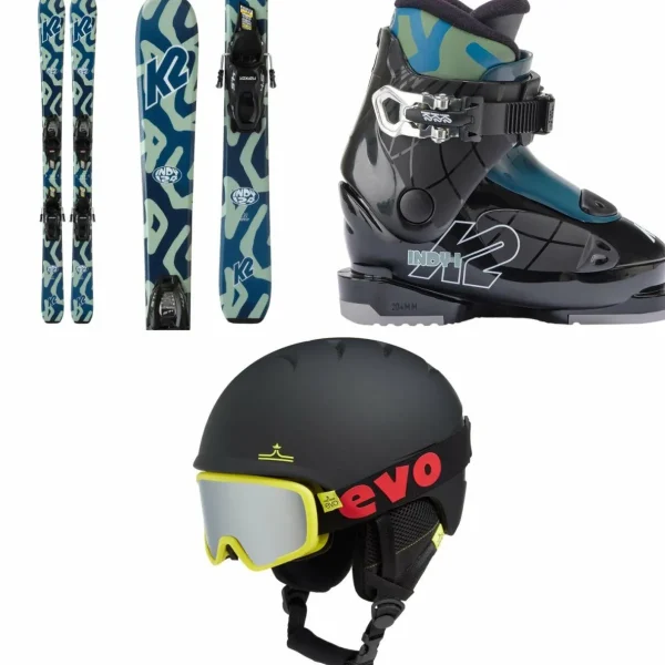 Kids K2 Indy Skis + FDT 4.5 Bindings + Indy 1 Ski Boots + evo Sessel Helmet + Goggle Combo - Kids'