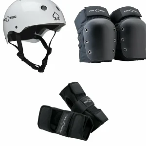 Pro-Tec Classic Skate Skateboard Helmet + Street Open Back Skateboard Knee Pads + Street Skateboard Wrist Pads