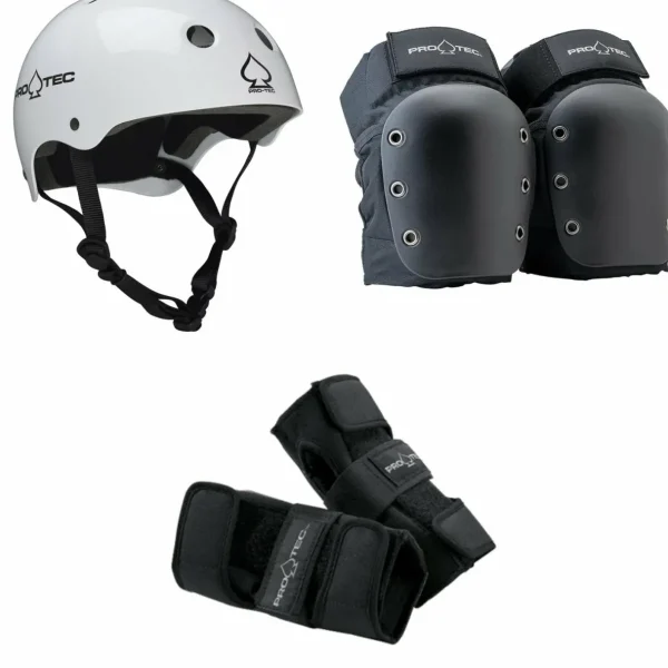 Pro-Tec Classic Skate Skateboard Helmet + Street Open Back Skateboard Knee Pads + Street Skateboard Wrist Pads