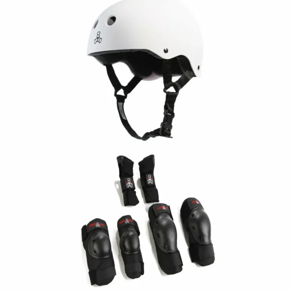 Triple 8 Sweatsaver w/ Liner Skateboard Helmet + Saver Series High Impact Adult Skateboard Pad Set